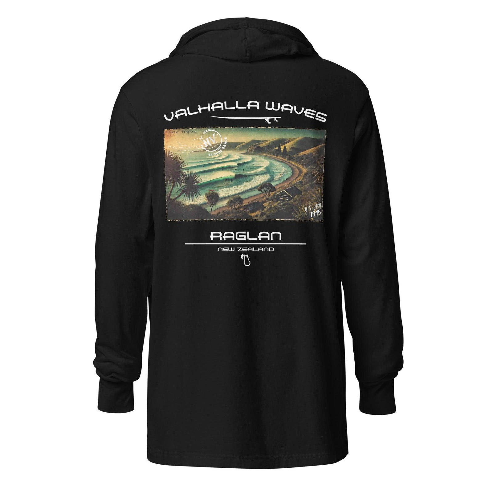 Raglan Beach Vintage Postcard Hooded T-Shirt - Hawaiian Vikings