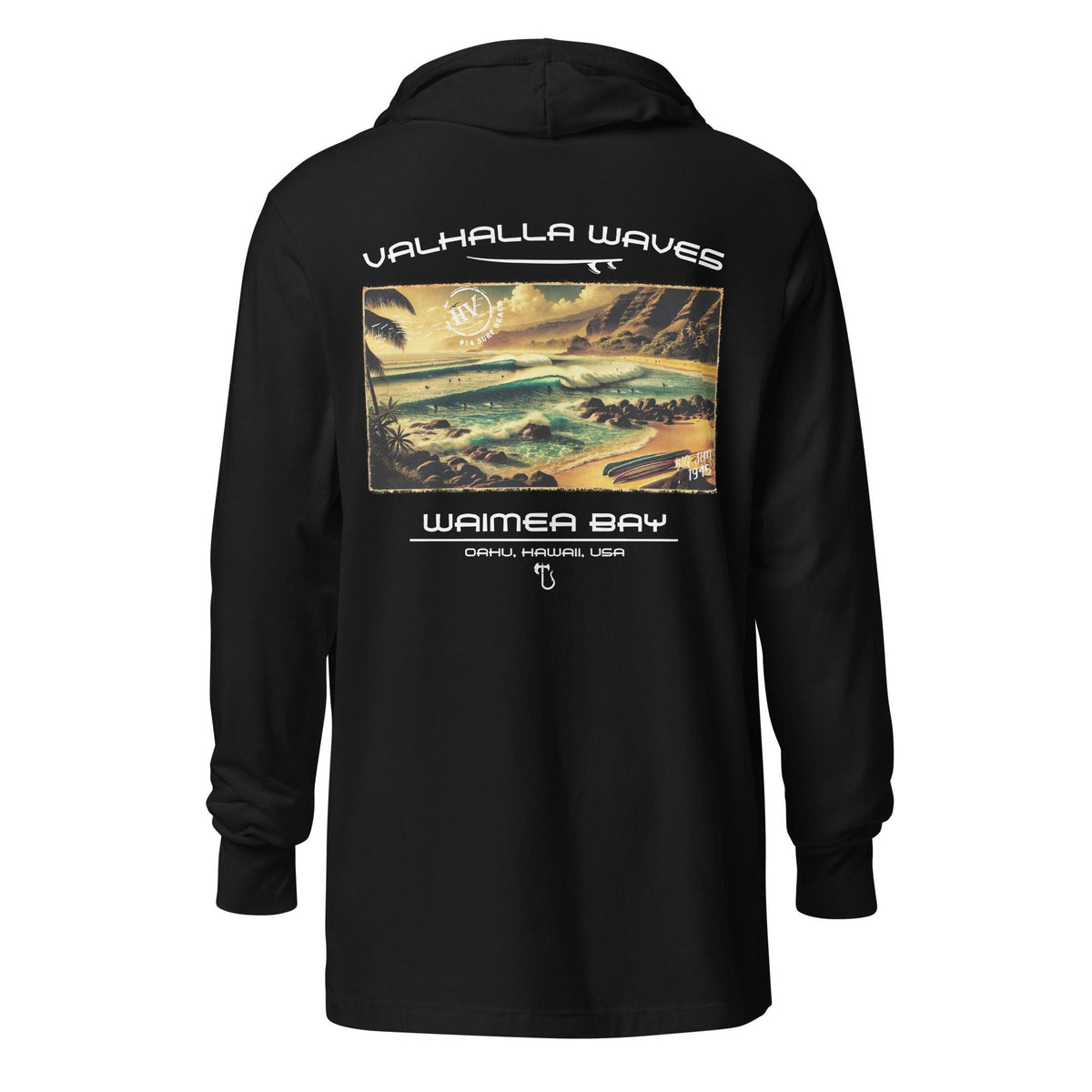 Waimea Bay Beach Vintage Postcard Hooded T-Shirt - Hawaiian Vikings