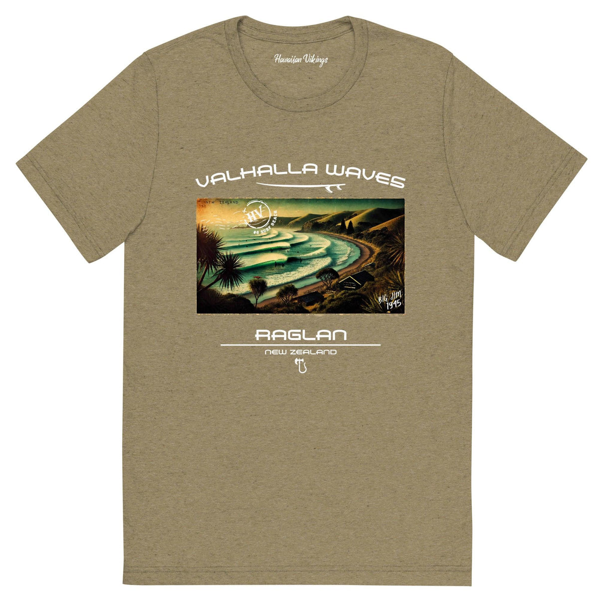 Raglan Beach Vintage Postcard T-Shirt - Hawaiian Vikings