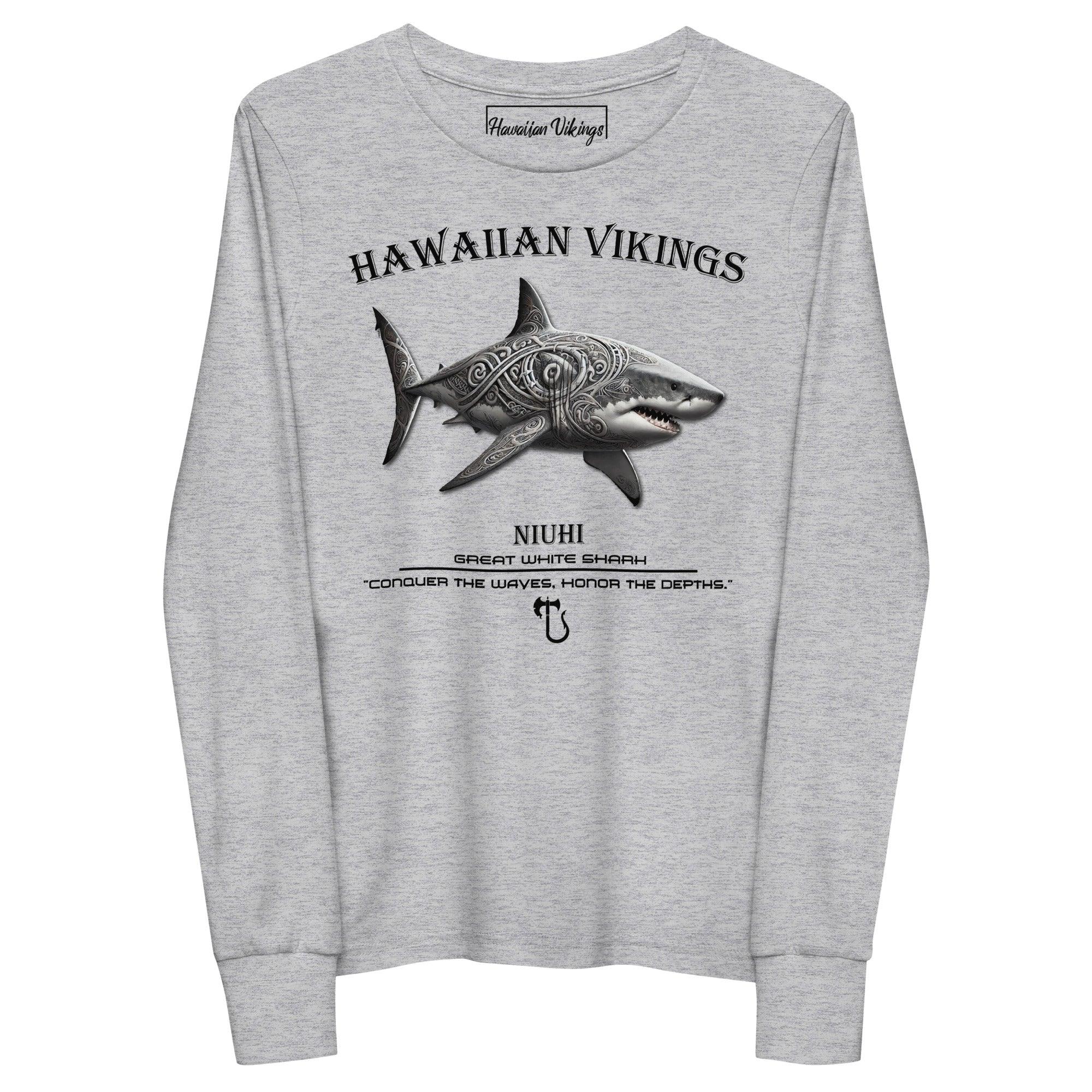 Great White Shark Youth Long Sleeve Tee - Hawaiian Vikings