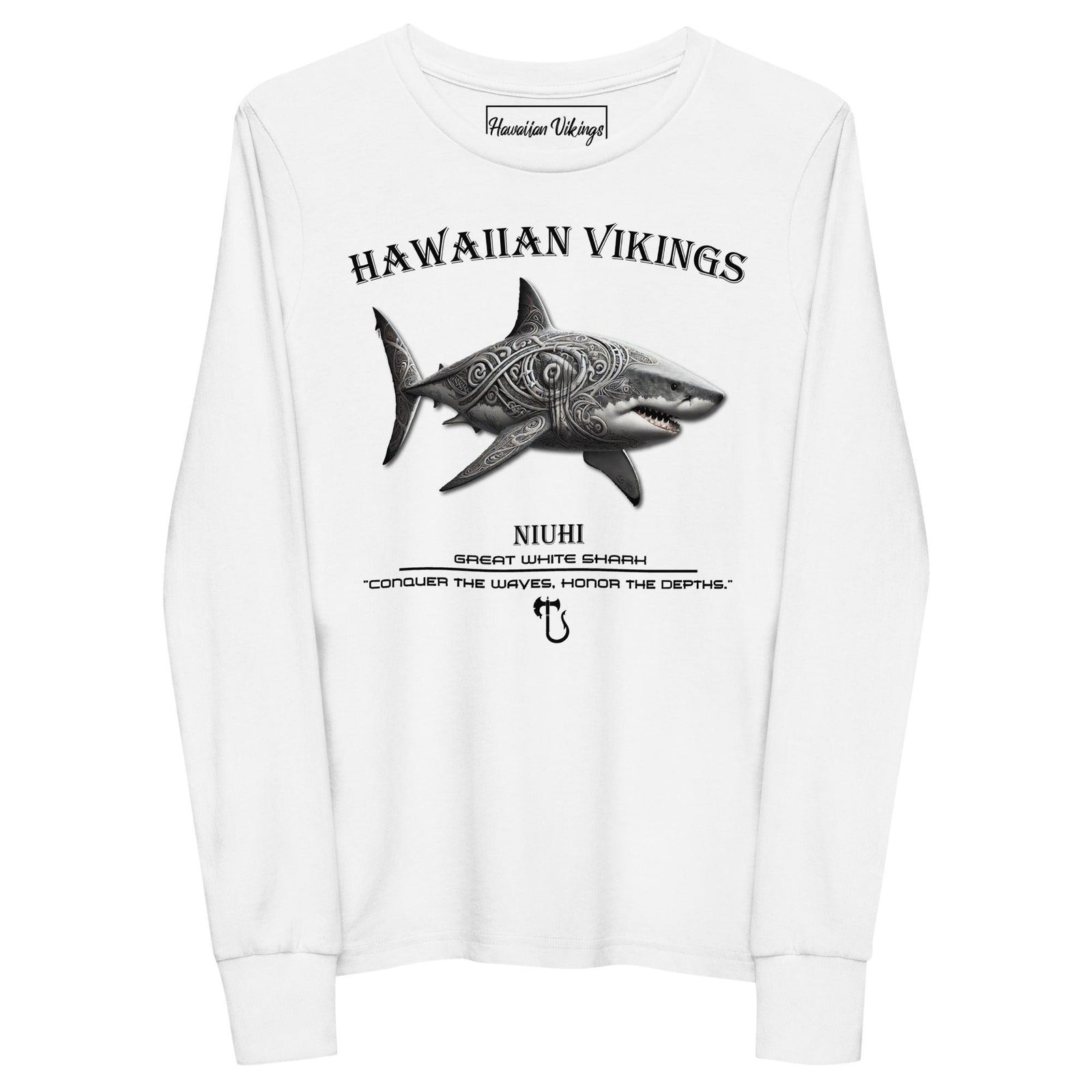 Great White Shark Youth Long Sleeve Tee - Hawaiian Vikings